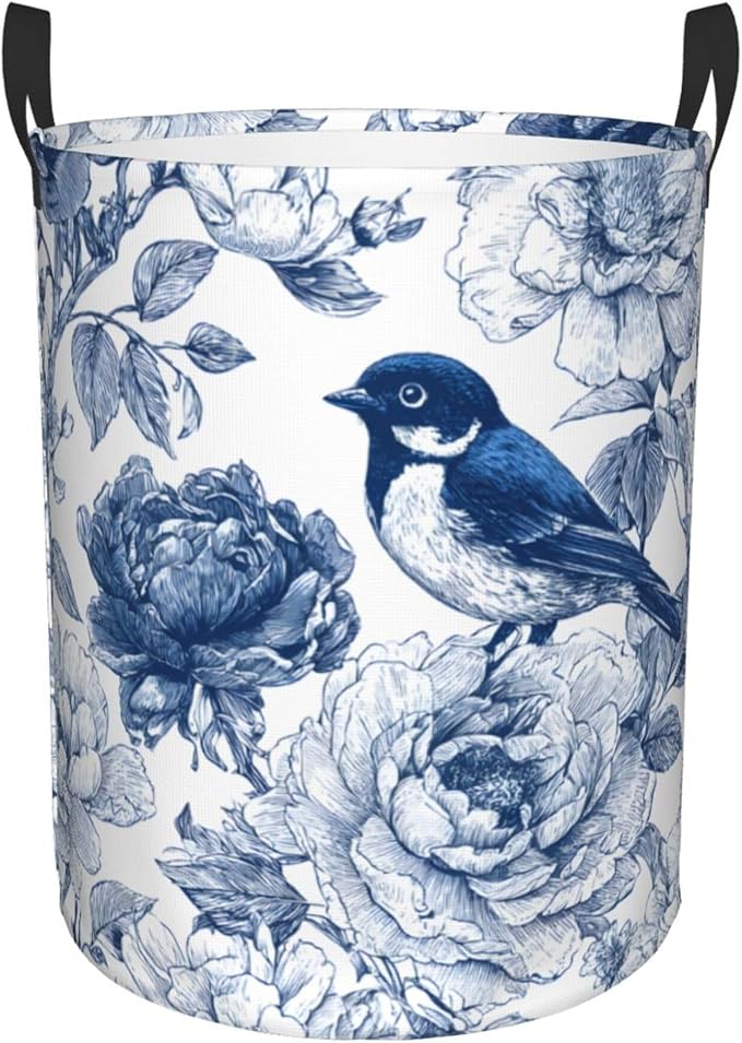 Blue Floral Bird Pattern Laundry Hamper, Collapsible Storage Basket with Handles for Clothes, Bedroom, Bathroom 19.6 x15.7 Inch