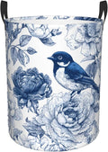 Blue Floral Bird Pattern Laundry Hamper, Collapsible Storage Basket with Handles for Clothes, Bedroom, Bathroom 19.6 x15.7 Inch