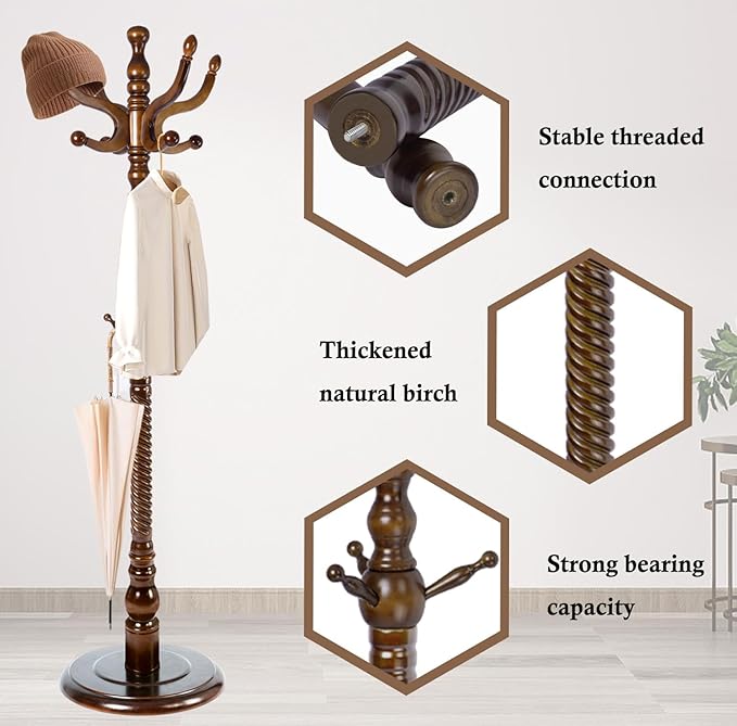 Wioao Coat Rack Stand, Solid Wooden Coat Tree with 11 Hooks, Heavy Duty Coat Rack Freestanding with Sturdy Round Base, Natural Birch Wood Coat Hanger Stand for Entryway Bedroom (brown circular)