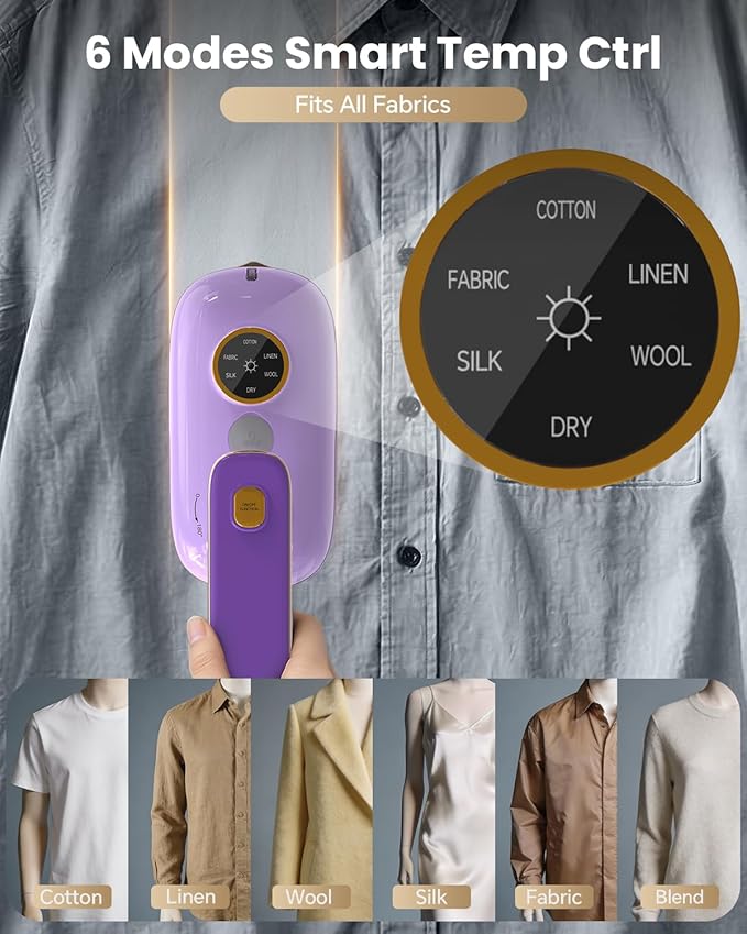 Travel Steamer Iron for Clothes, Portable Handheld Garment Steamer with 6 Smart Modes, Strong Penetrating Steam, 180° Rotatable Handle, 150ml Large Tank for Home & Travel (purple)