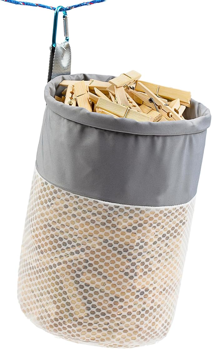 Mesh Clothespin Bag Holder Outside, Ventilation and Moisture Resistance, Multiple Hanging Methods Clothes Pin Bag with Drawstring Closure, Large-Capacity Clothespin Storage Organizer with Hooks