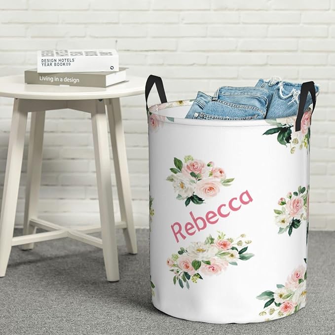 Pink Florals Leaves Customized Laundry Basket Clothes Hamper with Name Collapsible Waterproof Large Capacity Organizer Storage for Living Room.