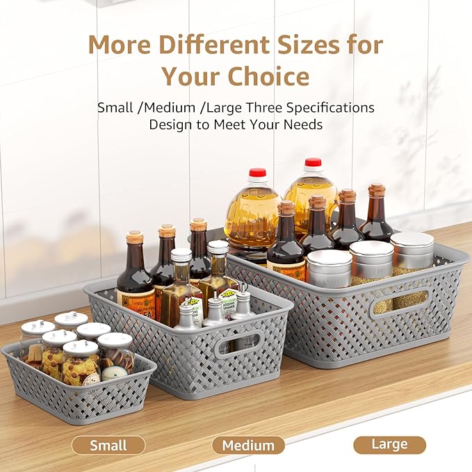 MaxGear Organization and Storage 3 Packs, Plastic Bins Organizer Bins, Woven Baskets for Storage, Plastic Baskets with Handles, Grey Basket for Organizing, Basket Organizer for Home and Office, Large