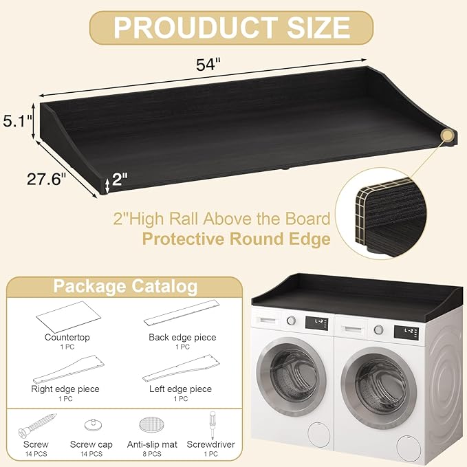 Washer and Dryer Countertop, 54'' Laundry Room Countertop Organization Laundry Table for Folding Clothes and Storage, Black