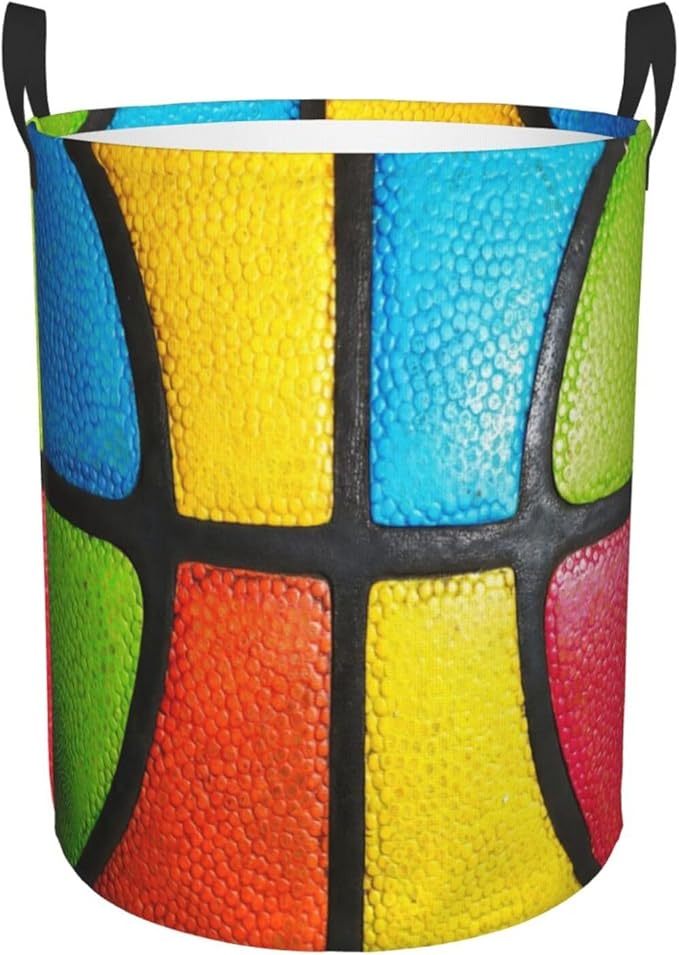Basketball Texture Colorful Round Laundry Hamper Sport Ball Storage Basket Toys Clothes Organizer Bin For Home Bathroom Bedroom Dorm Nursery, 38l