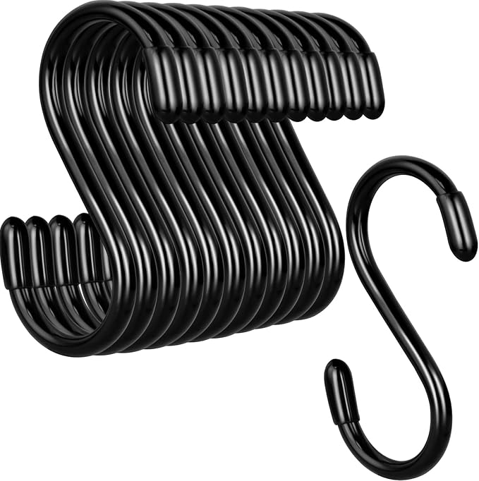 HiGift 24 Pack 3 Inch Vinyl Coated S Hooks, Non Slip Heavy Duty S Hooks for Hanging Plants, Metal Black Rubber Coated Closet S Hook for Hanging Plant Jeans Clothes Kitchen Pot Pan Cup Towels Bags