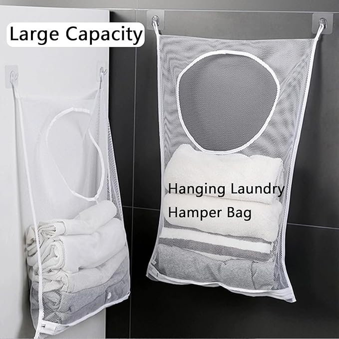 Hanging Laundry Hamper Bag, 2 Pack Over The Door Hanging Laundry Bag, 30 x 20 Inch Large Foldable Mesh Laundry Basket with 4 Adhesive Hooks for Dirty Clothes Organization and Storage