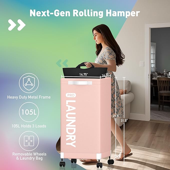 Caroeas Next-Gen 105L Matel Frame Laundry Basket with wheels, Heavy Duty Tall Rolling Laundry Hamper with Removable Wash Bag, Collapsible Freestanding Clothes Hamper For Laundry Room (105L,Pink,2Pack)