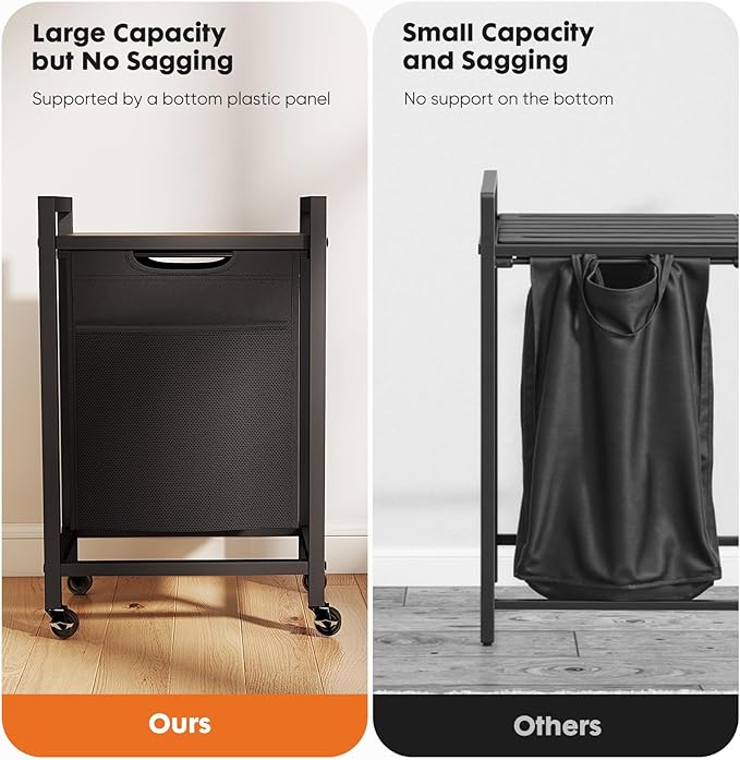 NEWBULIG Rolling Laundry Hamper with Removable Pull-Out Bag, Freestanding Clothes Basket Organizer with Wheels for Bathroom & Bedroom, 1 × 17.2 Gal (65L) - Rustic Brown & Black