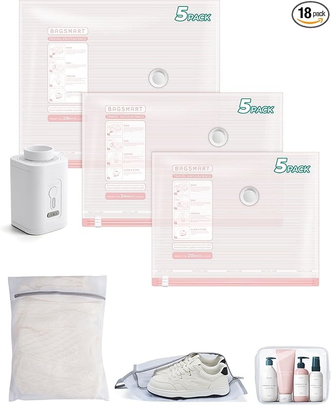 BAGSMART Vacuum Storage Bags for Travel with Rechargeable Air Pump, Portable Space Saver Bags for Travel & Home, Vacuum Compression Seal Bag for Clothing, Blanket, 18 Pack-Pink