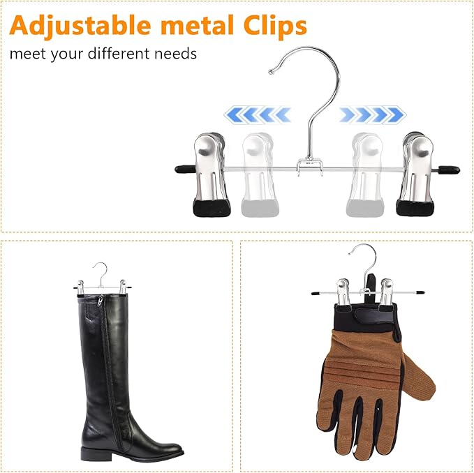 30 PCS Steel Boot Hangers with 2 Adjustable Clips Multifunctional Hangers Travel Portable Hanging Clips Heavy Duty Clothespins Bulk Boot Organizer for Handbags Clothes Laundry Home Socks Hat