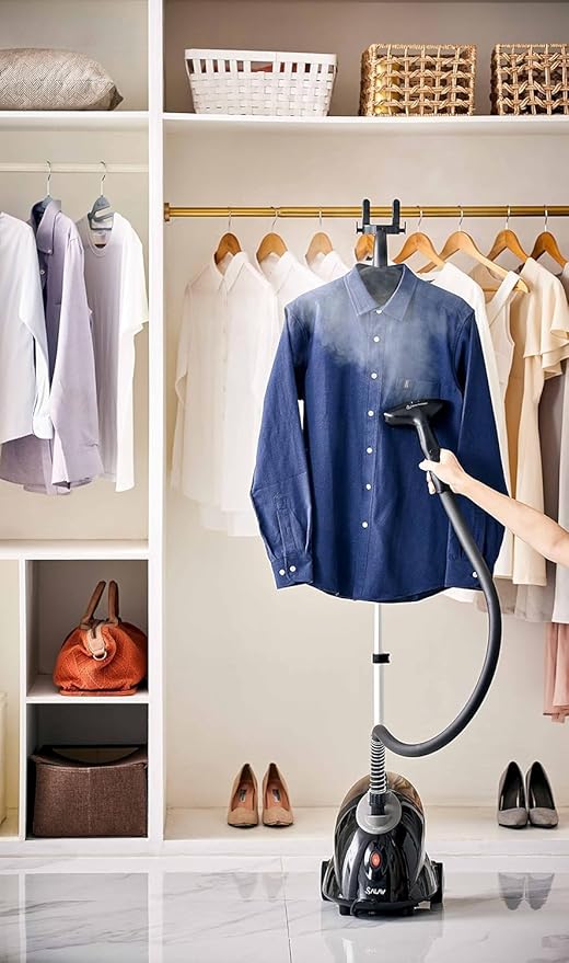 SALAV® GS18-DJ Standing Garment Steamer with Roll Wheels for Easy Movement, 1.8L Water Tank for 1 Hour Continuous Steaming, Adjustable Pole for Storage, Includes Descaler Packet, 1500 watts (Renewed)