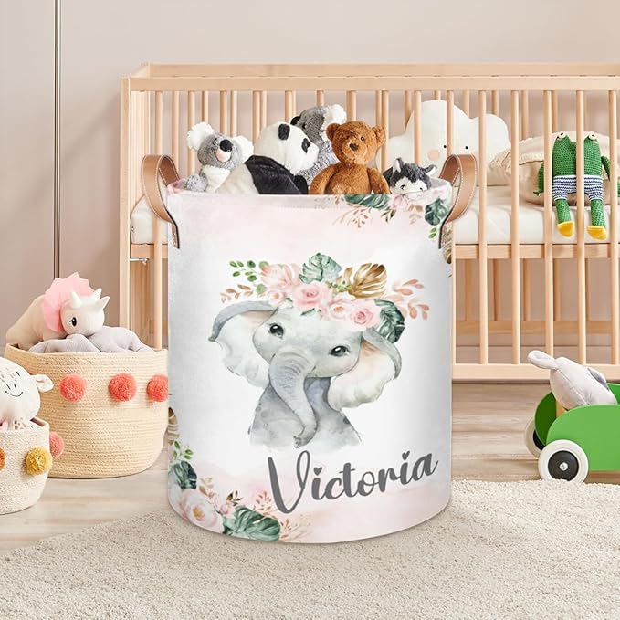 Personalized Laundry Basket, Custom Gift Laundry Hamper, Collapsible Nursery Waterproof Laundry Baskets, Dirty Clothes Toy Hamper with Handles Tropical Elephant Pink