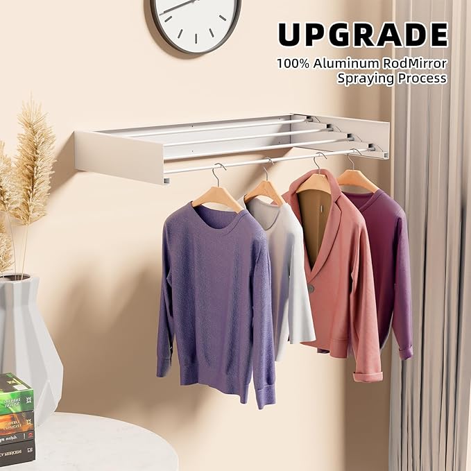 Laundry Drying Rack Collapsible, Wall Mounted Clothes, Retractable Wall Drying Rack, 23.6" Wide, 4 Aluminum Rods, Max 60 lb Capacity (White, 23.6'')