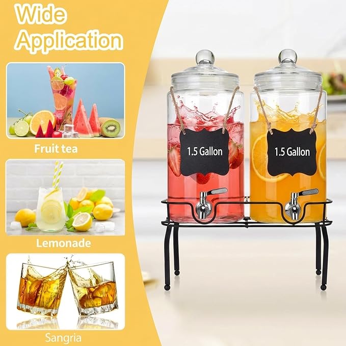 1.5 Gallon Glass Drink Dispenser Set of 2, Drink Dispensers for Parties, Beverage Dispenser with Stand and Glass Lid, 100% Leakproof Spigot, Ideal for Lemonade, Juice, Laundry Detergent
