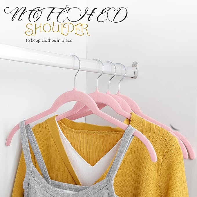 ManGotree 50 Pack Velvet Shirt Hangers for Women, 16.5'' Suit Hangers with 360° Swivel Hook, Non-Slip Coat Clothes Hangers for Tank Top, Shirts, Dress, Blouses, Strappy Dresses (Pink)