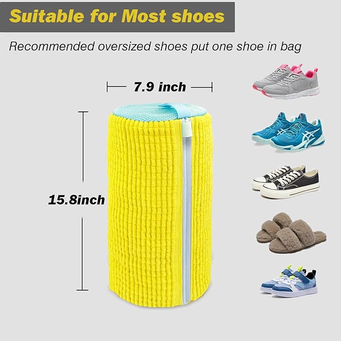 Shoe Washing Machine Bag,Laundry Shoe Bag for Washer and Dryer,Reusable Shoe Cleaning Bag for Sneakers,Tennis Shoes,With Self-locking Zipper, Microfiber Inside,Include Shoes Storage Bag (Yellow(2PC))
