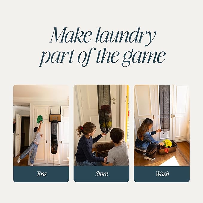 ActiveJoy – Basketball Laundry Hamper – Wooden Backboard & Mesh Hoop Laundry Basket – Over Door Hanging Organizer for Kids - White Oak