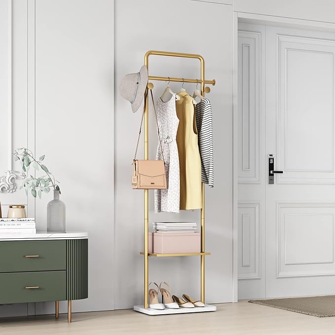 TIEOU Gold Clothes Racks with Shelf, Heavy Duty Gold Clothing Racks for Boutiques, Free-Standing Metal Garment Rack for Hanging Clothes, Modern Coat Rack Entryway
