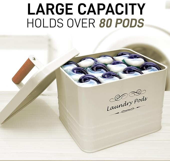 ElitaPro Modern Farmhouse Laundry Pods Container with Lid for Laundry Room Décor & Accessories, Laundry Room Organization (Ivory)