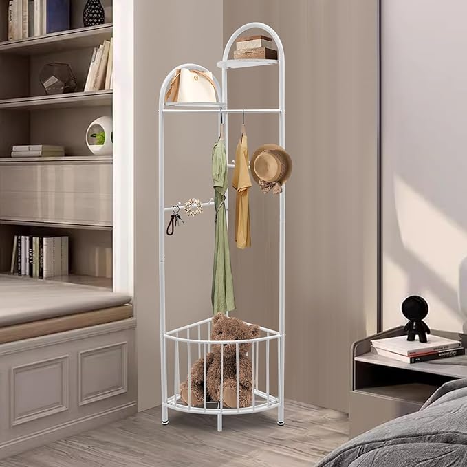 Corner Hall Tree, Corner Coat Rack with Storage Basket, Entryway Clothing Rack for Living Room Bathroom and Clothing Store, 6 Hooks and 2 Partitions, 90-Degree Corner Design (White)