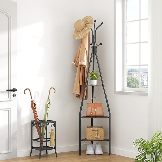 Hoctieon 3-Tier Coat Rack Freestanding with Shelves, Industrial Coat Stand with Storage, Mordern Coat Tree Free Standing for Clothes, Hats, Bags, Grey