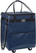 (Small, DK Blue) Reusable Grocery Bag on Wheels, Rolling Shopping Bags with Wheels and Handle, Folding Rolling Tote Trolley, Zipper Cover, Carries Up to 22 LBS, Easy Transportation