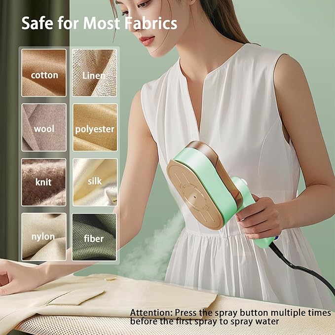 Portable Travel Steam Iron, 2-In-1 Wet&Dry Clothes Wrinkle Remover, Lightweight Handheld Hanging Iron with 20S Preheating, 150ml, Safe for Most Fabrics, Suitable for Home/Travel/Dormitories (Green)