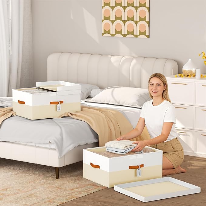 Extra Large Storage Bins - 1 Pack Closet Storage Boxes with Double-Open Lid & Divider Board, Stackable Colthes Storage Organizer, Fabric Basket with Label Tag for Home, Laundry