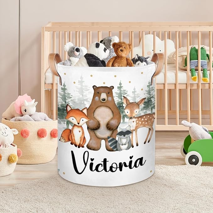 Personalized Laundry Basket, Custom Gift Laundry Hamper, Collapsible Nursery Waterproof Laundry Baskets, Dirty Clothes Toy Hamper with Handles Woodland Forest Animals