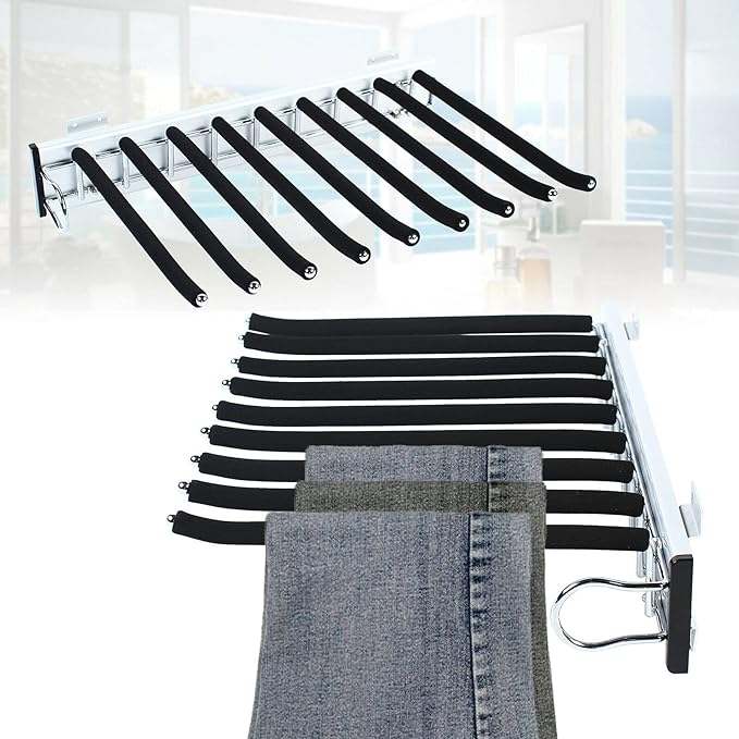 Pull Out Trouser Hanger Rack Closet Pants Storage Rack Space Saving Drawer Non-Slip Clothes Hanger Bar Multi Functional (Right Installation)