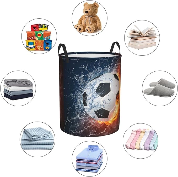 Dujiea Soccer Ball In Fire And Water Laundry Basket Round With Handle, Collapsible Foldable Canvas Storage Bin Dirty Clothes Bag For Laundry/Toys Organizer/College Dorm/Nursery/Decor(2 Sizes)
