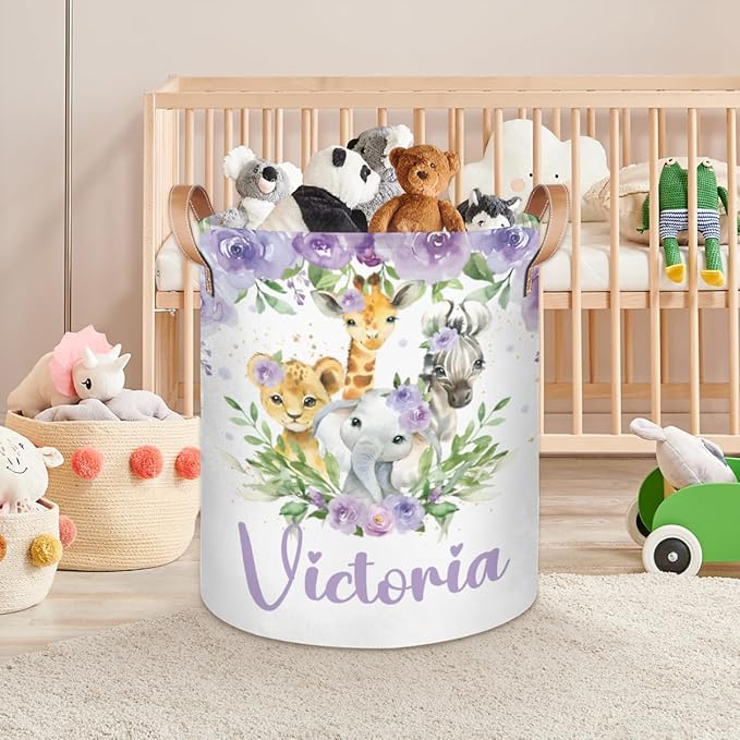 Personalized Laundry Basket, Custom Gift Laundry Hamper, Collapsible Nursery Waterproof Laundry Baskets, Dirty Clothes Toy Hamper with Handles Animal Purple Floral