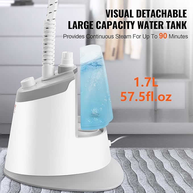 VEVOR Standing Steamer with Foldable Garment Hanger, 1.7L Water Tank for 90 Minutes Continuous Steaming, Heats in 45 Seconds & Auto-Stop with Fabric Brush Aluminum Rod and Easy-roll Wheels