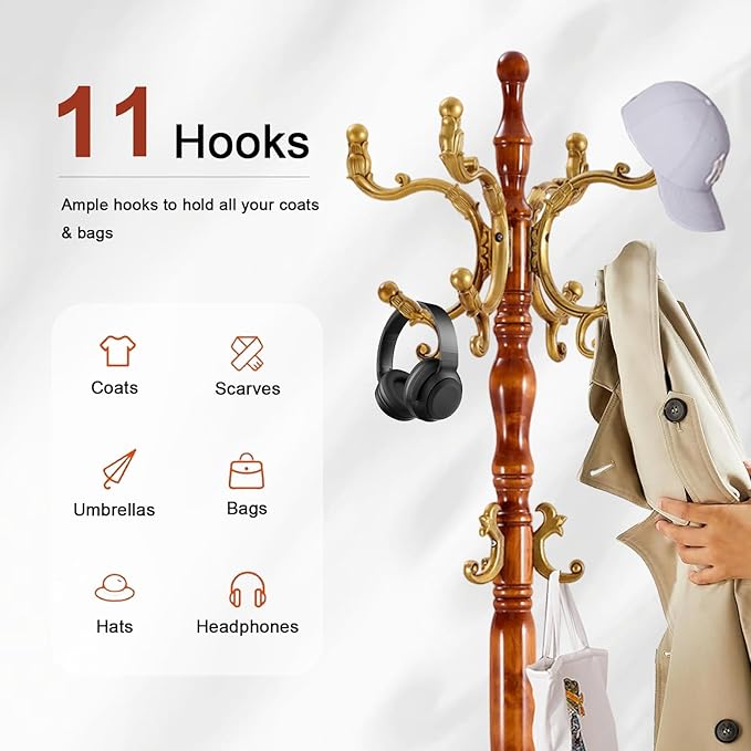 Wooden Coat rack freestanding, Coat racks stand with storage basket, Heavy duty coat tree standing with 11 Hook for Bedroom, Entryway, Hallway, Office,Stury Base (Triangle Begonia)