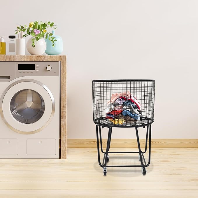 Wire Metal Deep Set Rolling Laundry Basket,Mesh Wire Laundry Basket Storage Cart for Bathroom Bedroom Dirty Clothes Storage (G)
