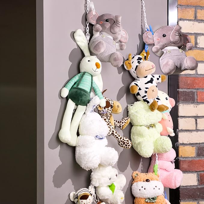 Hotop 2 Pcs Stuffed Animals Storage Chain Hanging Stuffed Animal Organizer with 40 Plastic Clips 79 Inch Plush Toys Holder with Hooks for Wall Bedroom Hanging Hat Socks Holiday Card (White)