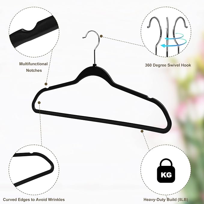 Quality Hangers 10 Pack Slim Plastic Hangers for Clothes - 16.5" Won't Crease Your Clothes, Heavy Duty Non-Velvet Black Hangers, 360° Swivel Chrome Hook Dresses Coats Shirts (10, Black)