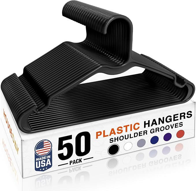 HOUSE DAY Black Plastic Hangers 50 Pack - Made in USA - Lightweight & Slim Space Saving Clothes Hanger with Shoulder Grooves for Dresses, Lingerie, Shirts, Pants, Durable Closet Organizers and Storage