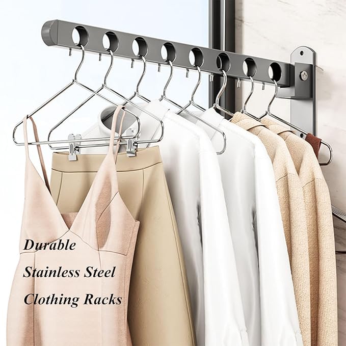 2 Pack Stainless Steel Clothes Hanger Drying Racks, Wall Mount Folding Garment Racks, Black Coat Hanger Racks, Space Saver Clothing Closet Rack Storage Organizer for Laundry Bedroom Bathroom(15.75 in)