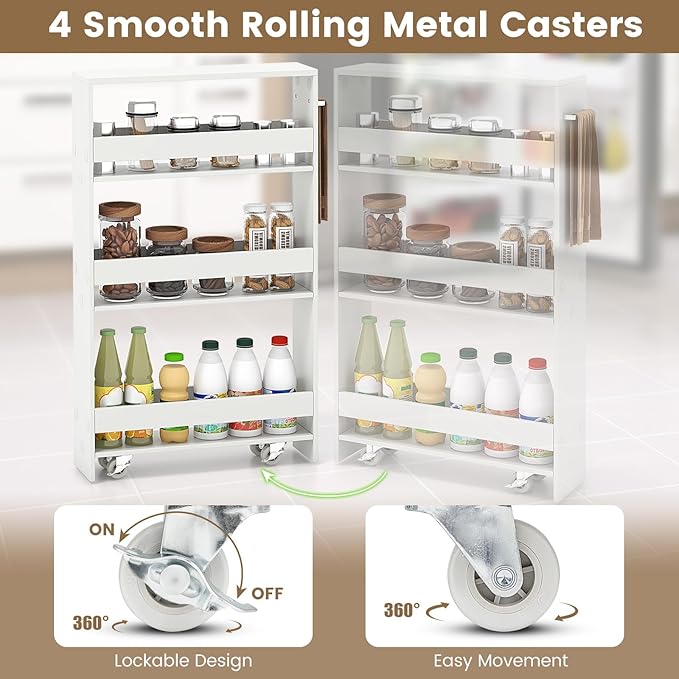 4-Tier Slim Rolling Storage Cart, Wooden Kitchen Utility Cart with Wheels & Handle, Space Saving Trolley, Slide Out Shelving Unit for Narrow Spaces, Laundry, Bathroom (White)