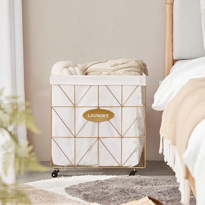 Mxfurhawa Laundry Hamper,Collapsible Laundry Basket Large Capacity Metal Laundry Hamper with Removable Liner, Rolling Wheels and Collapsible Design for Clothes Storage and Organization (210L GOLD)