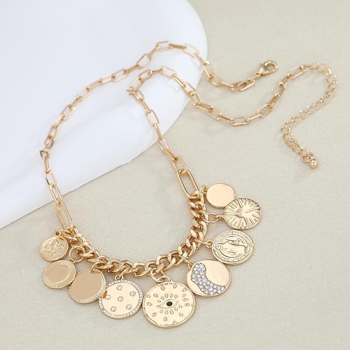 Chunky Gold Necklace for Women Gold Evil Eye Cowboy Pendant Necklace Dainty Paperclip Chain Vintage Luck Amulet Choker Necklaces Celestial Jewelry Gift