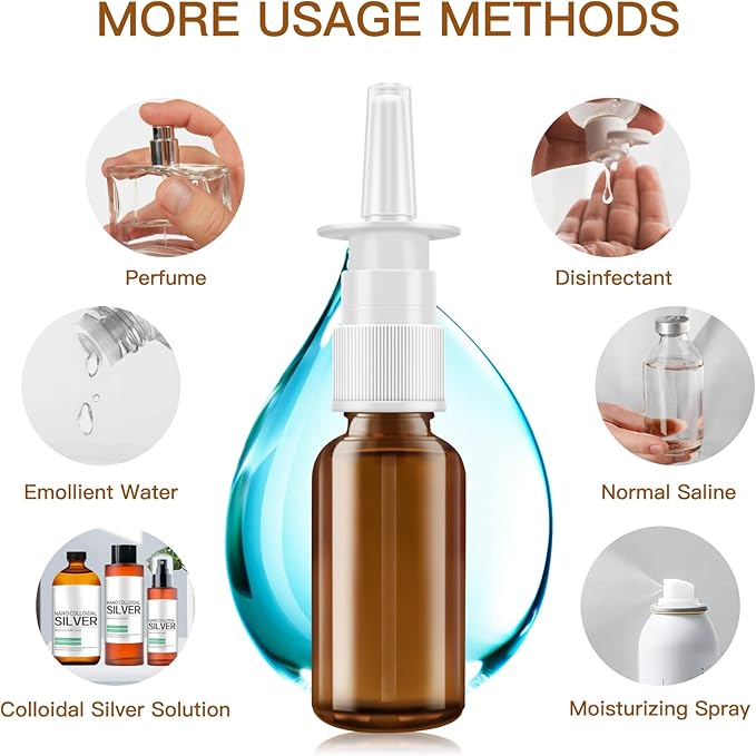Nasal Spray Bottle, 6 Pcs 30ML/1oz Glass Amber Refillable Fine Mist Sprayers Atomizers, Small Empty Nasal Sprayer with Funnels and Labels