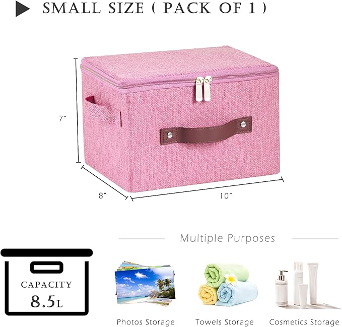 Storage Bins with Zipper Lid Cotton Linen Fabric Lidded Storage Baskets Boxes Foldable Washable Closet Shelf Clothes Organizer Container with PU Leather Handles (Pink, Small)