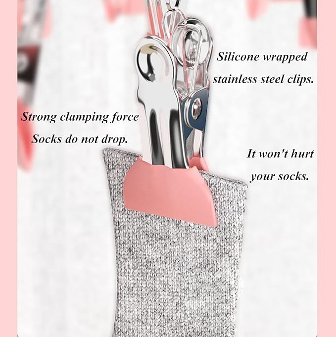 Stainless Steel Clothes Sock Drying Rack with 24 Clips, Swivel Hook Windproof Clothes Hanger Rack for Sock, Bras, Towel, Underwear, Laundry Clothes, Hat, Scarf, Pants, Gloves (Pink Clips)