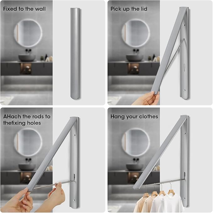 Foldable Clothes Drying Rack, Wall Mounted Retractable Drying Rack Clothes Hanger for Laundry, Bathroom, Balcony Use, Space Saving Laundry Racks and Closet Organizer, Aluminum (Silver)