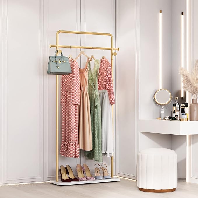 TIEOU Gold Clothing Racks with Shelf, Heavy Duty Gold Clothes Racks for Boutiques, Free-Standing Metal Garment Rack for Hanging Clothes, Modern Coat Rack Entryway