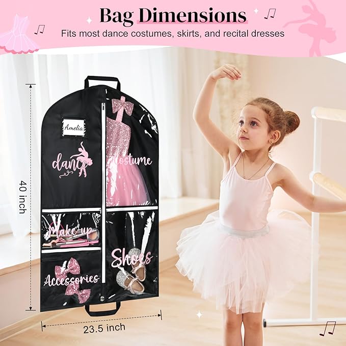 DEEKA Dance Garment Bag for Hanging Clothes with Zipper Pockets Dance Accessories Essentials Uniform Costume 40 Inch Dress Bags for Dance Competition Girls (Black,Pink-Dance)