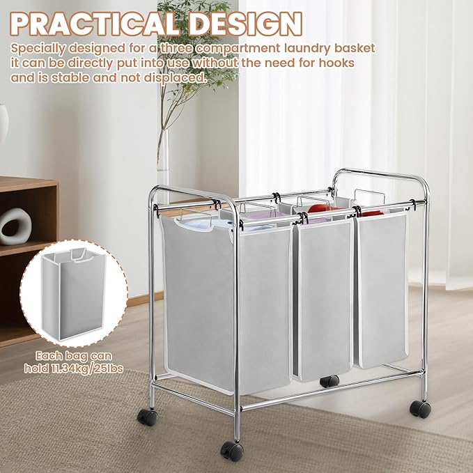 3 Pack Large Laundry Sorter Replacement Bags,Hamper Cart Removable Replacement, Storage Organizer Bag Hamper Liner, Wear Resistance for Standard 3 Compartment Laundry Hampers (Gray)
